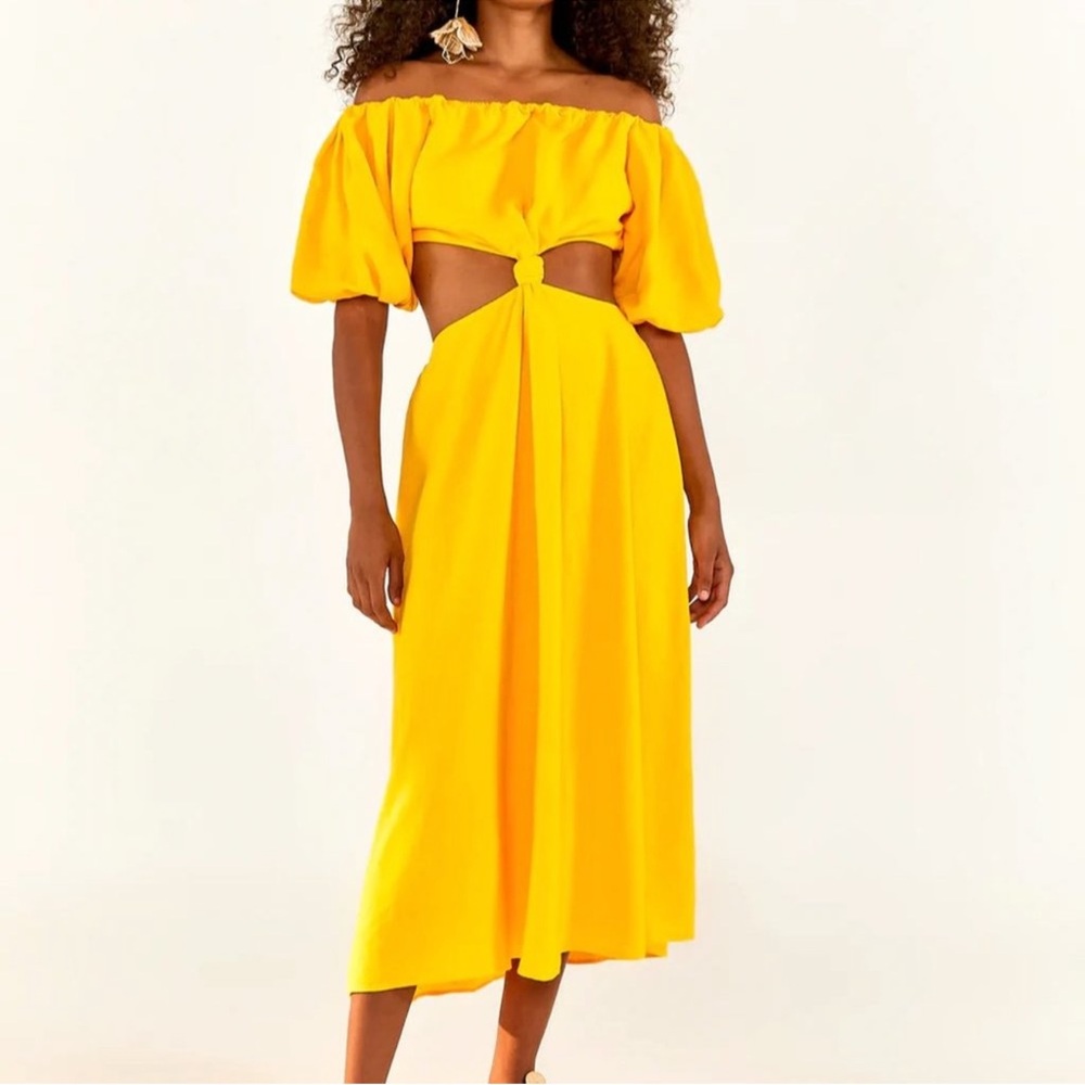 FARM Rio Anthropologie Puff Sleeve Knotted Maxi Dress Yellow Cut Out Medium
